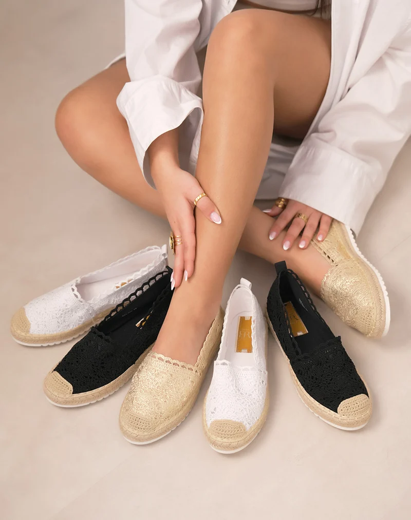 Espadrilles femme dorées chic en dentelle avec semelle en jute naturelle