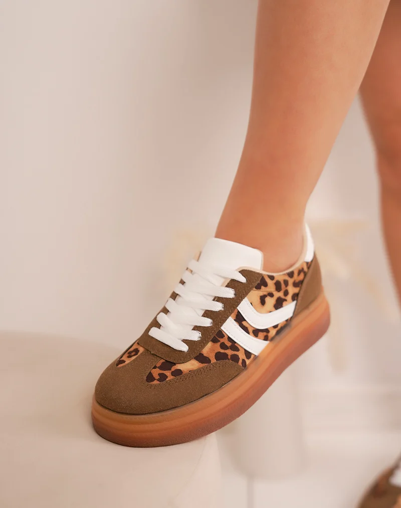 Baskets femme marron et léopard en suédine avec semelle plateforme tendance