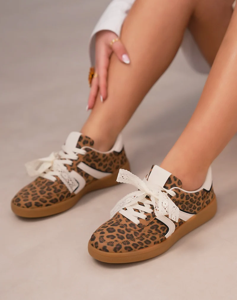 Basket femme léopard avec nœud en dentelle amovible et détails beiges tendance