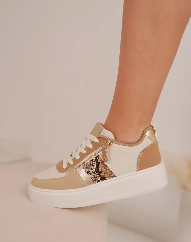 Basket femme beige et taupe avec zip latéral et empiècement effet python tendance