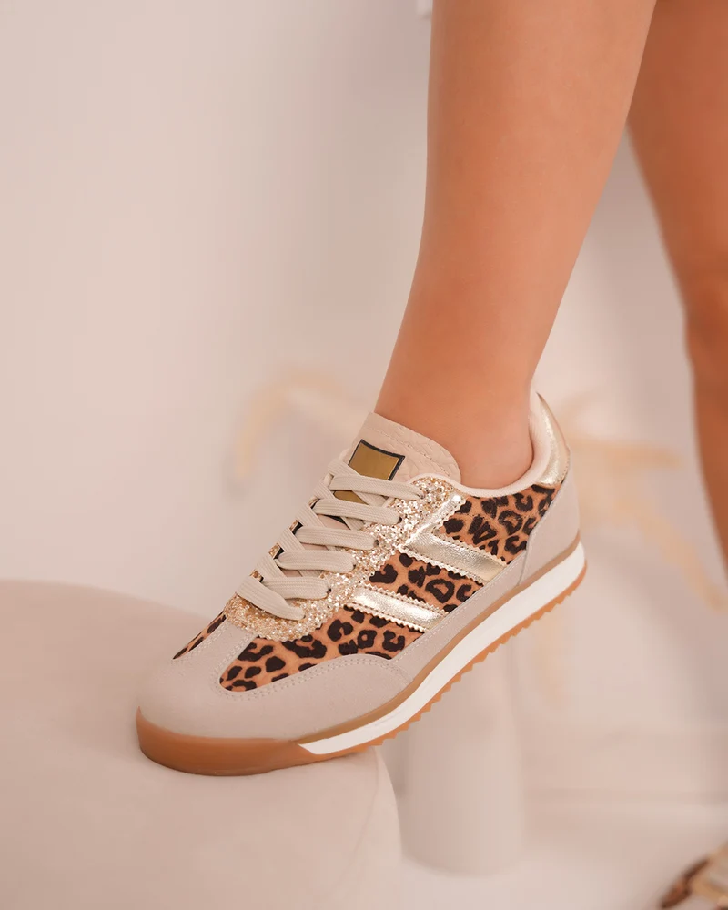 Basket femme beige à empiècements léopard et doré