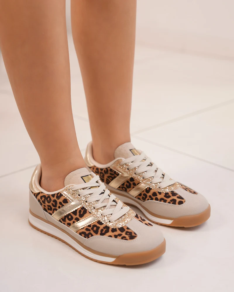 Basket femme beige à empiècements léopard et doré