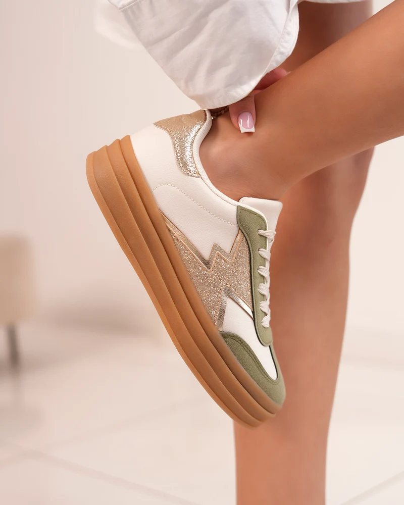 Basket femme beige avec empiècements kaki et doré pailleté