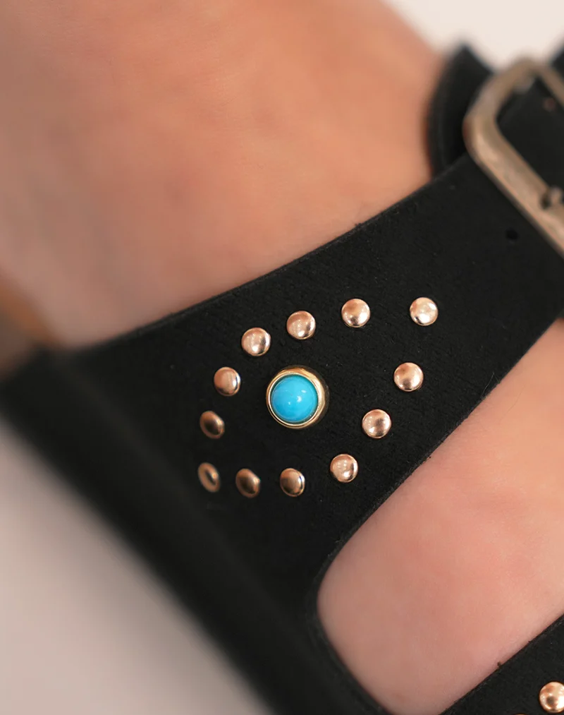 Mules femme noires tendance avec brides à bijoux œil doré et bleu
