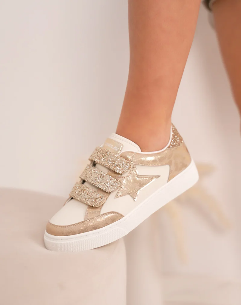 Basket FINDLAY femme beige à scratch pailletés dorés et étoile décorative