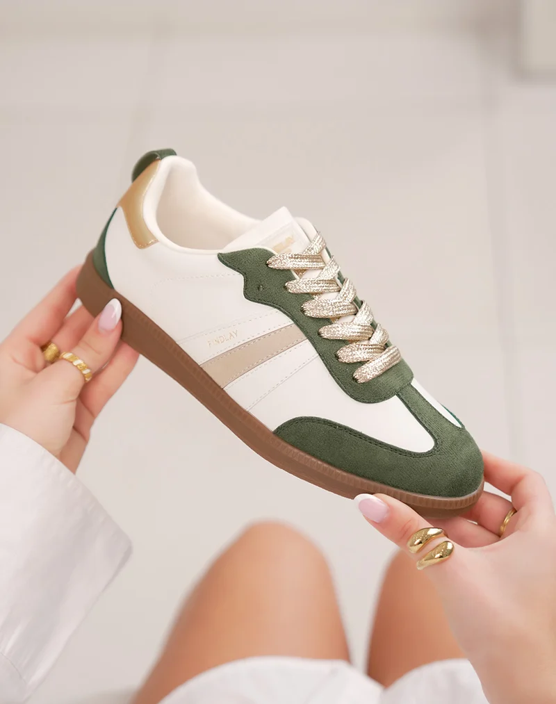 Basket FINDLAY femme blanche à empiècements verts et lacets dorés pailletés