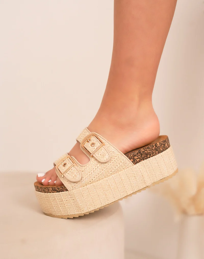 Mules femme beige à plateforme tressée 6 cm avec doubles brides et détails dorés