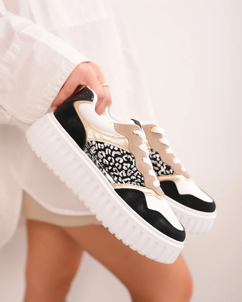 Basket noire et blanche pour femme avec imprimé léopard et touches dorées