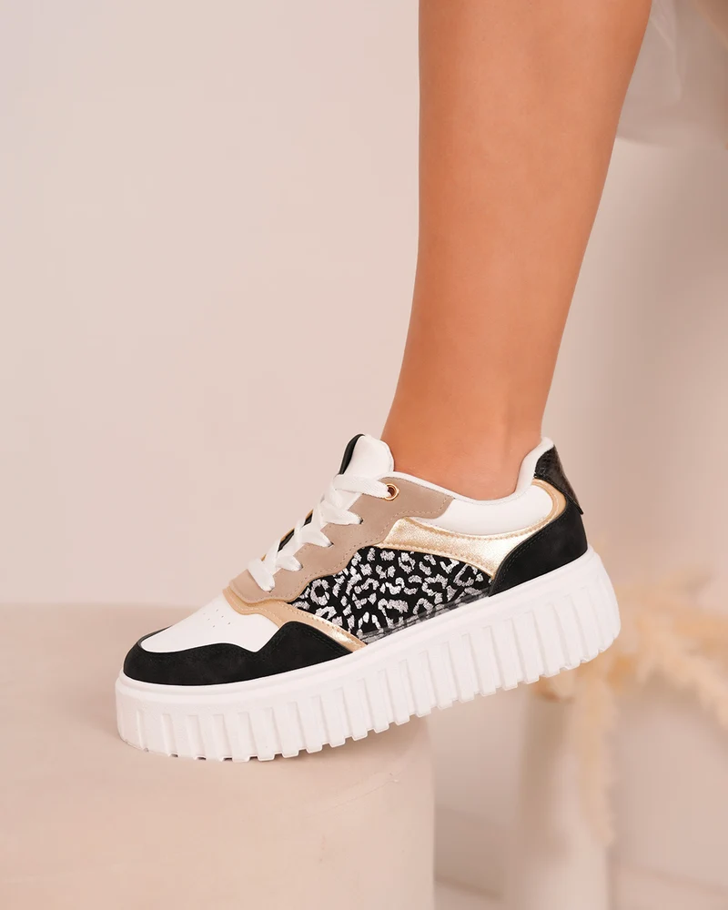 Basket noire et blanche pour femme avec imprimé léopard et touches dorées