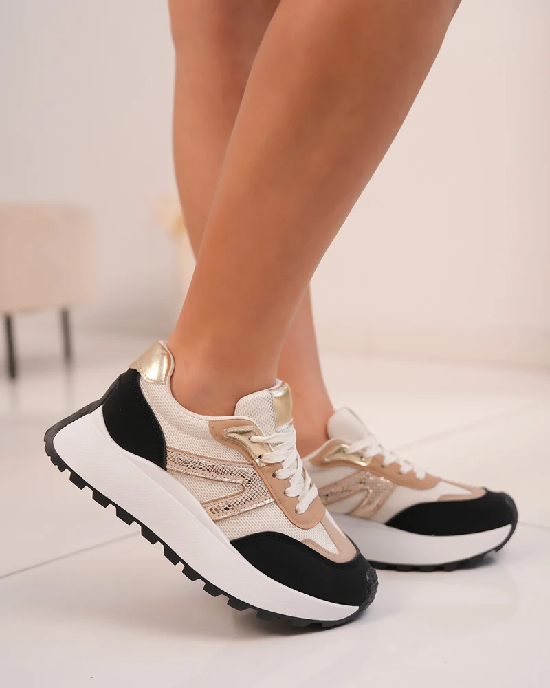 Basket femme beige et noire avec rayures dorées et semelle épaisse crantée