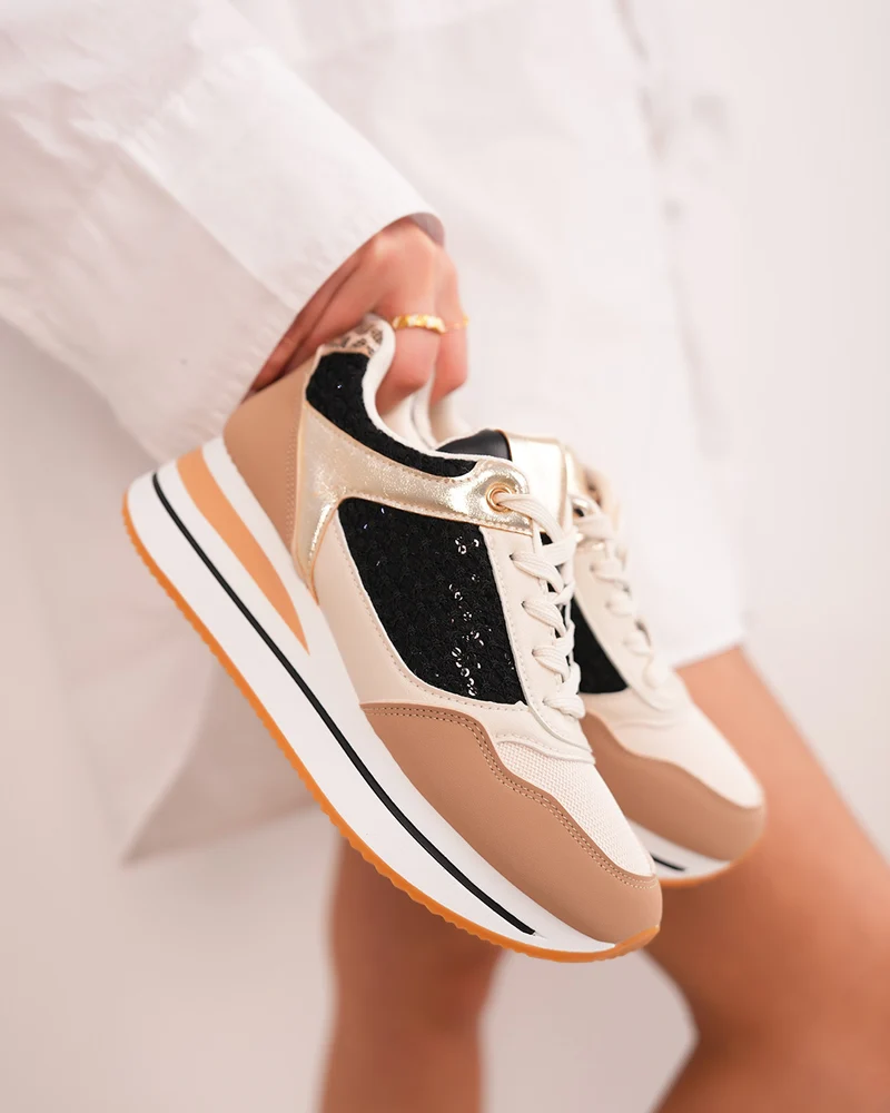 Basket femme beige et noire tendance avec broderie pailletée et dorures