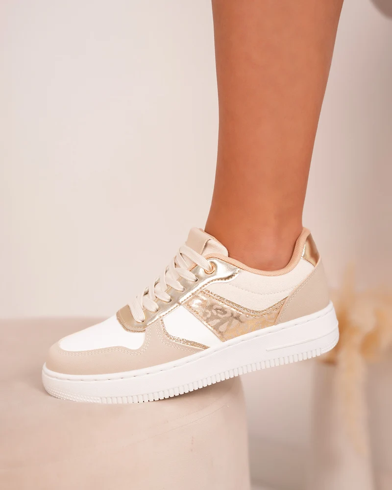 Basket femme blanche et beige élégante avec détail léopard doré