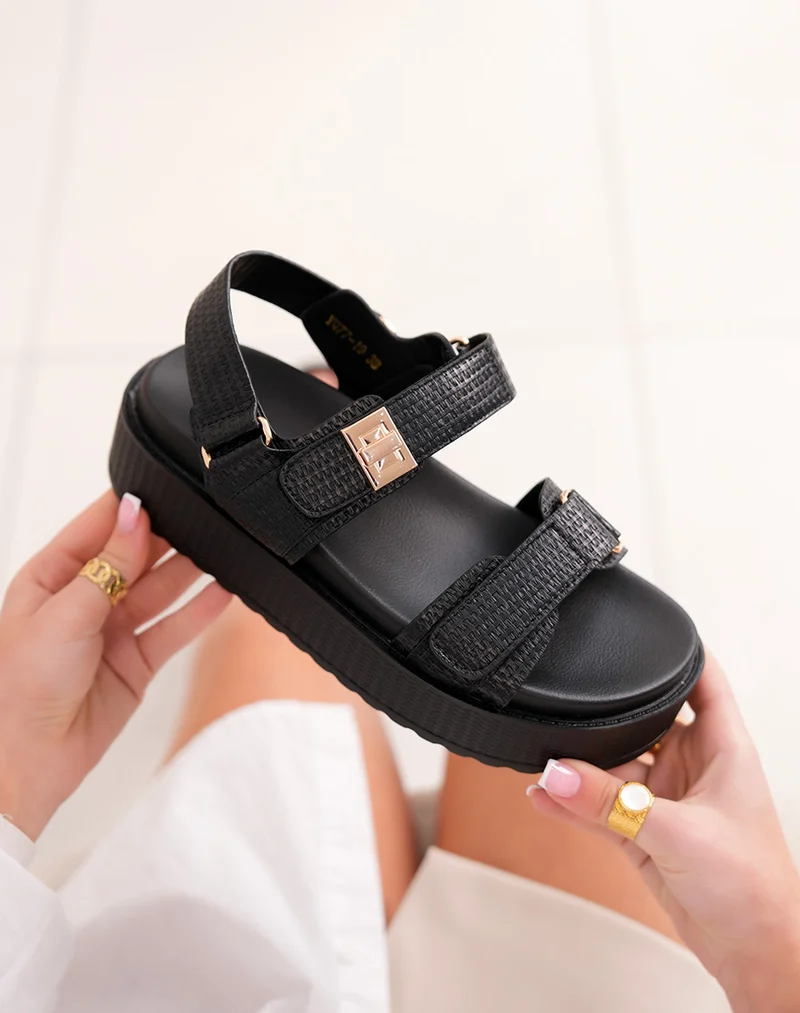 Sandales femme noires effet tissé à semelle épaisse