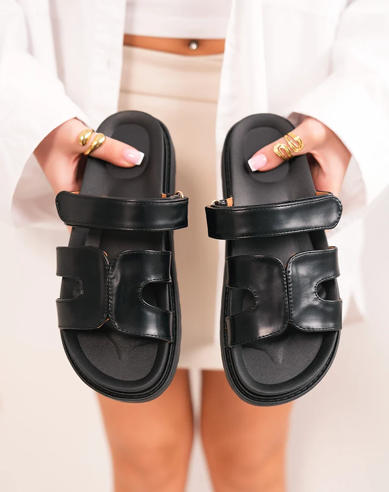 Mules femme noires à bride en H avec scratch ajustable et plateforme épaisse