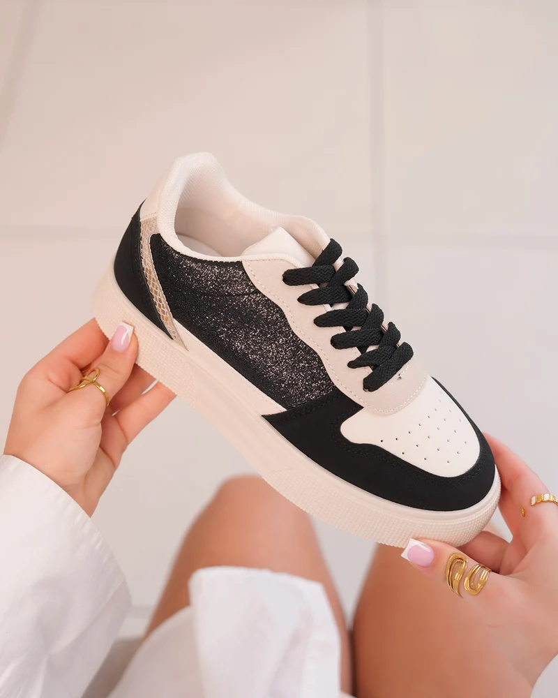 Basket femme blanche et noire avec détails léopard et paillettes