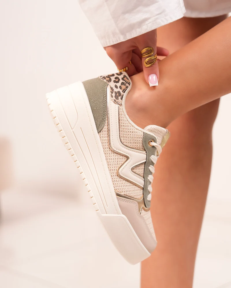 Basket Femme Beige et Vert avec Détails Dorés et Léopard