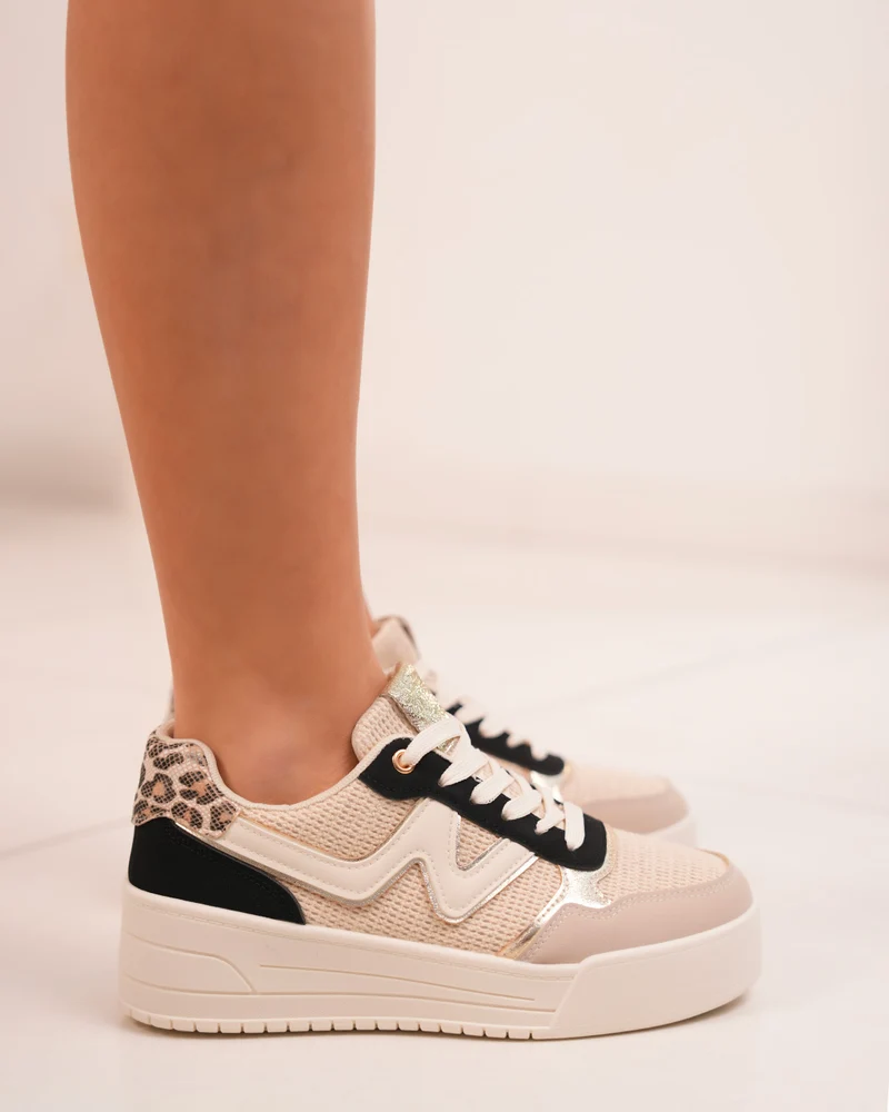 Basket Femme Beige Tissée avec Détails Dorés et Léopard