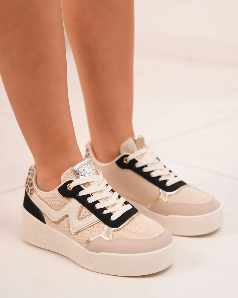 Basket Femme Beige Tissée avec Détails Dorés et Léopard