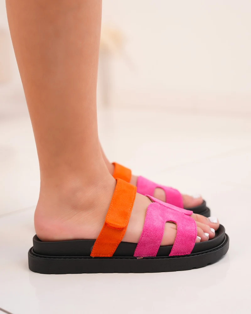 Mules femme noires avec brides H rose fuchsia et scratch orange