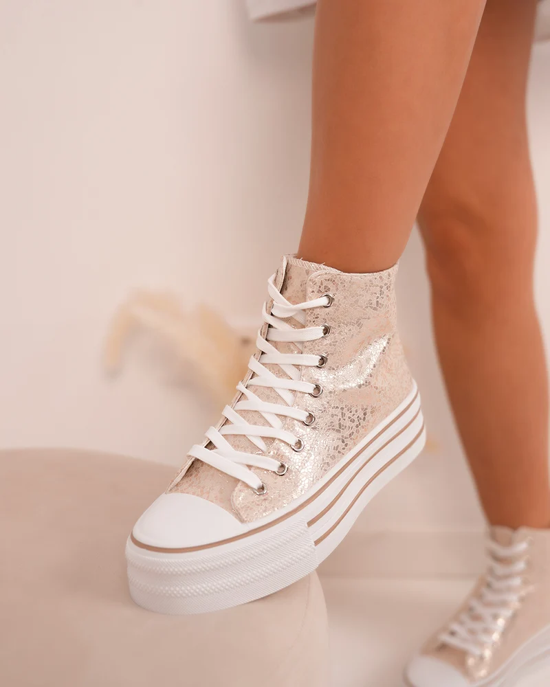 Basket montante champagne femme avec semelle épaisse et détails rose gold