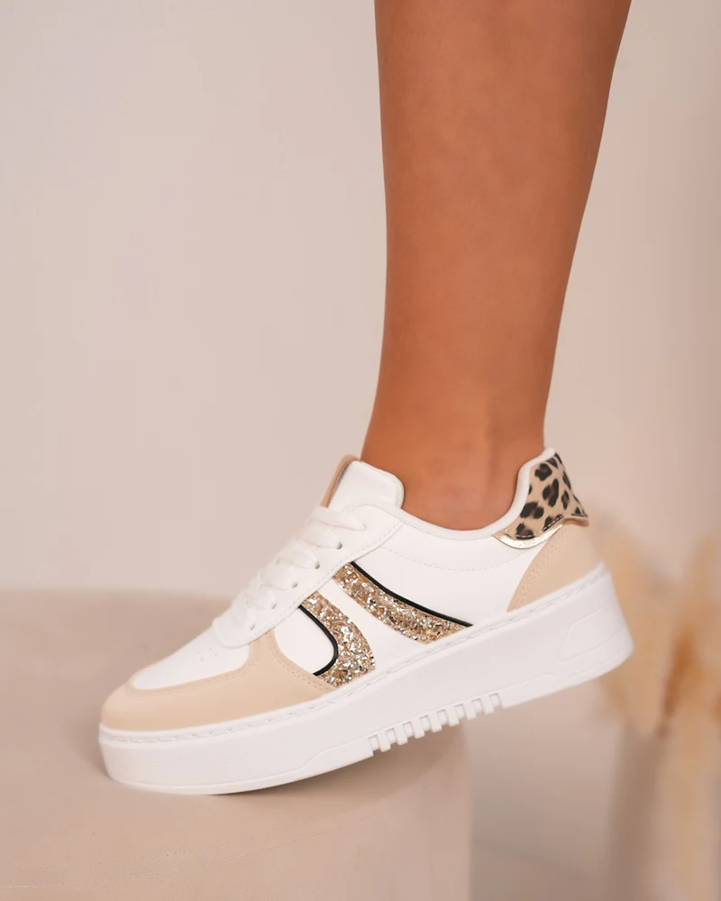 Basket beige femme avec détails léopard et paillettes dorées