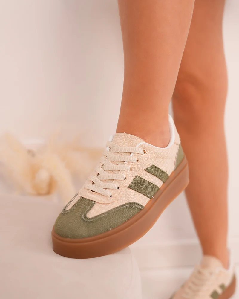 Basket femme effet jean beige et kaki avec semelle épaisse marron