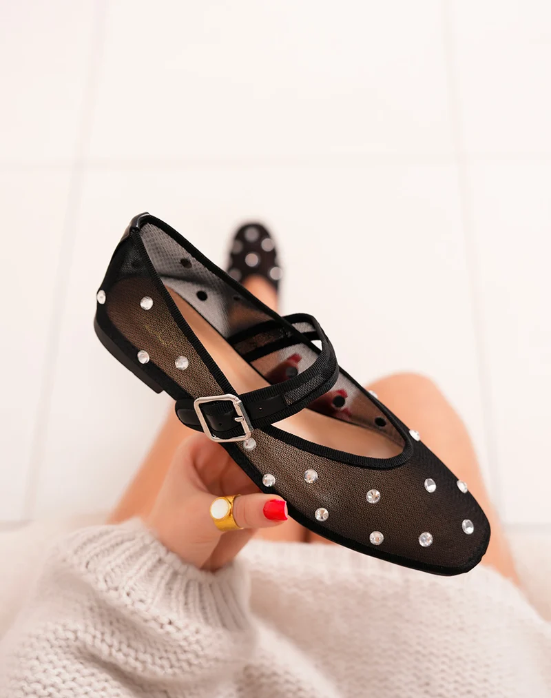 Ballerines femme noires transparentes avec strass et sangle argentée ajustable