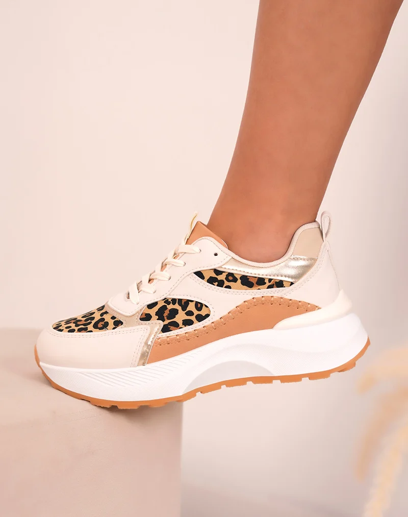 Baskets femme blanches tendance à imprimé léopard et plateforme épaisse