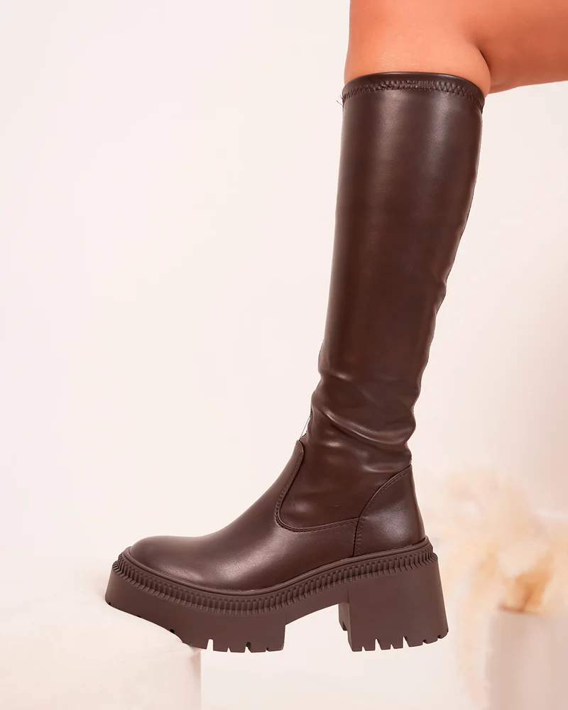 Bottes femme marron en similicuir effet chaussette avec plateforme et talon carré