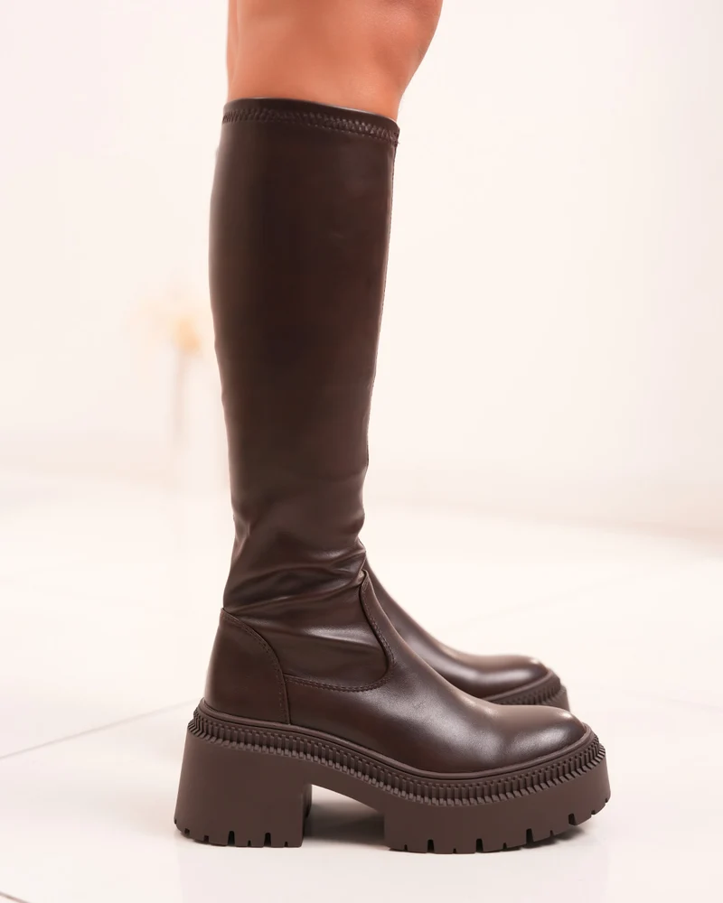 Bottes femme marron en similicuir effet chaussette avec plateforme et talon carré