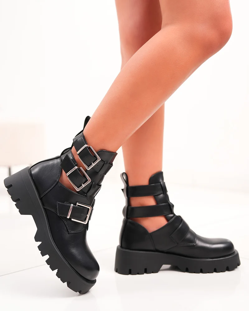 Bottines femme noires à triples lanières et semelle crantée tendance
