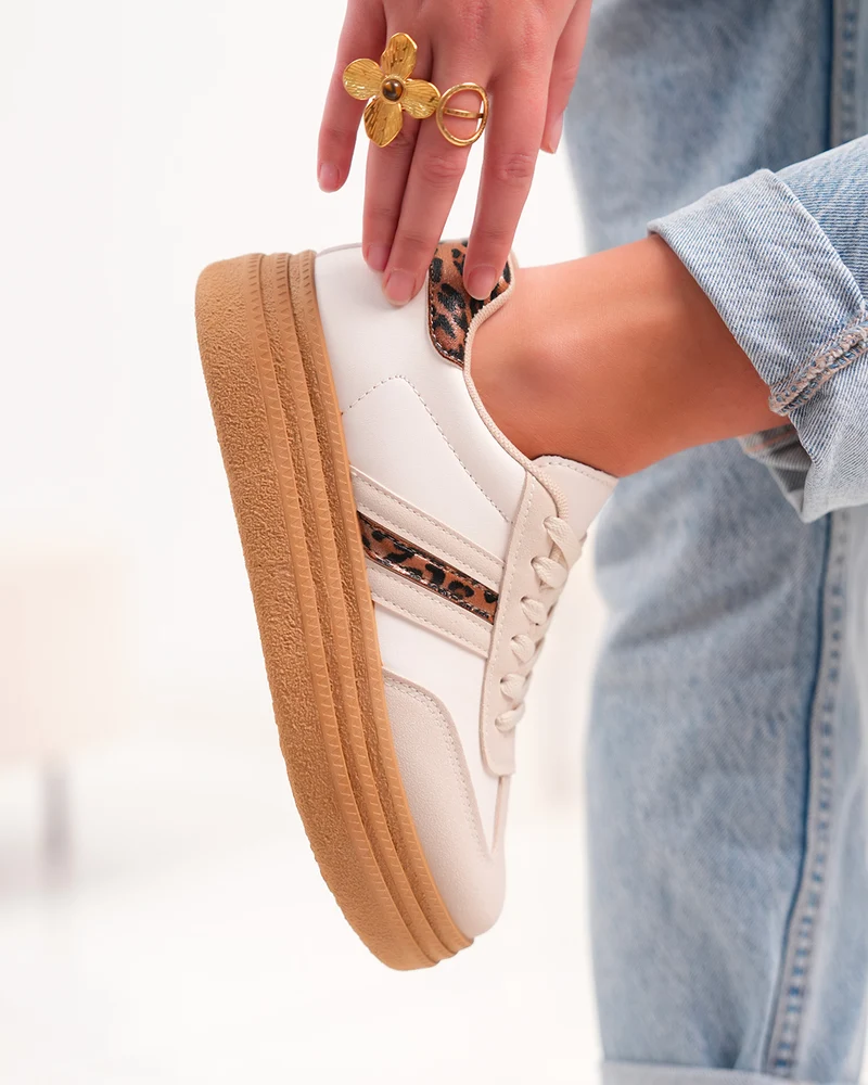 Basket femme beige avec détails léopard et plateforme marron tendance