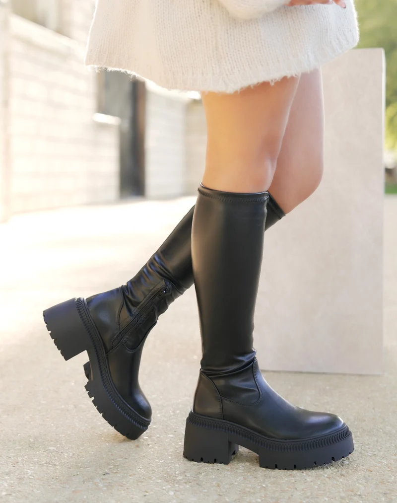 Bottes femme noires effet chaussette avec semelle crantée et talon de 6 cm