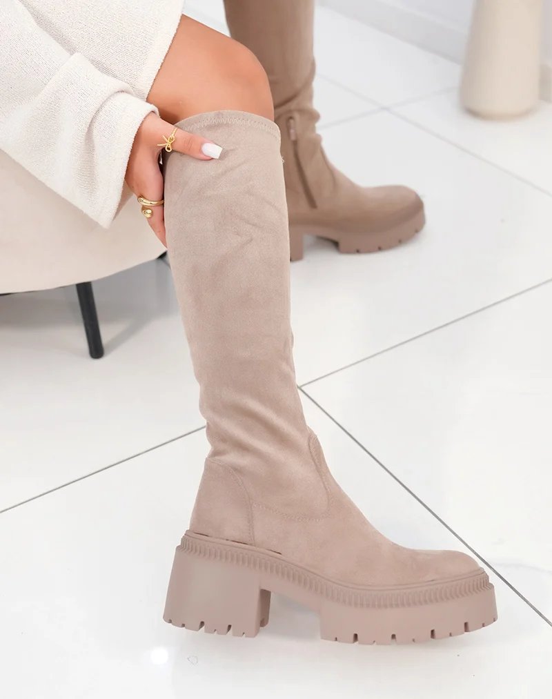 Bottes femme taupe effet chaussette avec semelle crantée et talon de 6 cm