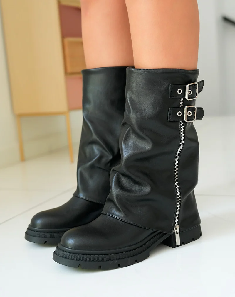 Bottines Noires Femme à Semelle Crantée avec Détails Boucles