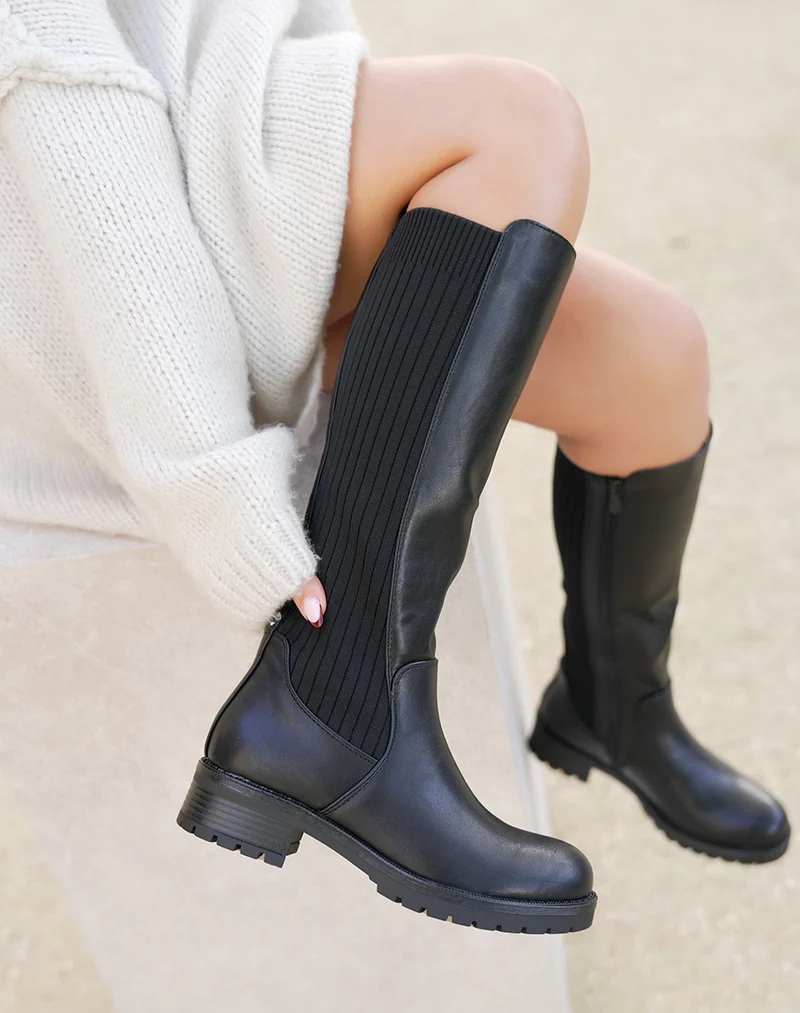 Bottes noires bi-matières effet chaussette en tissu