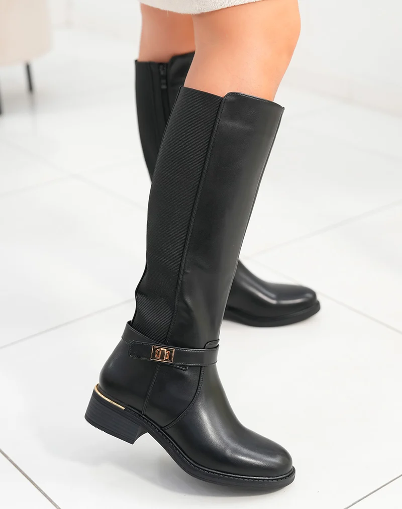 Bottes femme noires élégantes avec petit talon et détails dorés