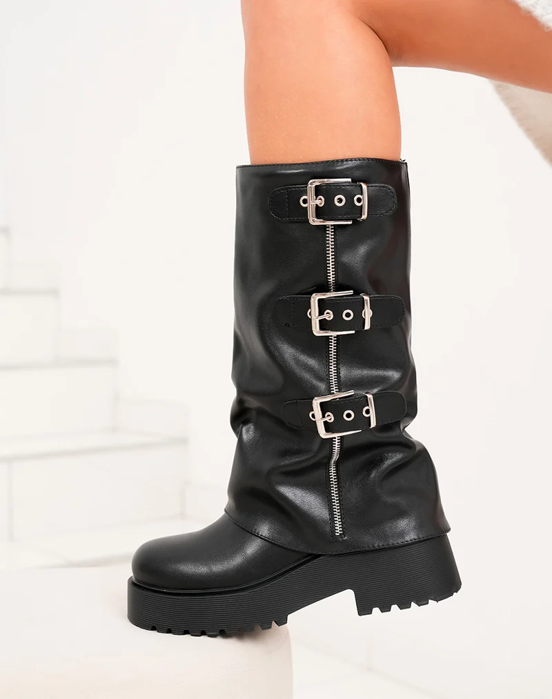 Bottes femme noires à boucles avec semelle crantée et plateforme