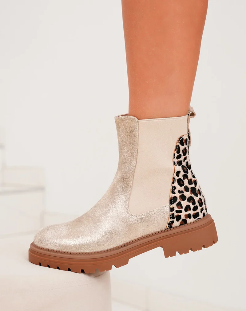 Bottines femme dorées avec empiècement léopard et semelle crantée