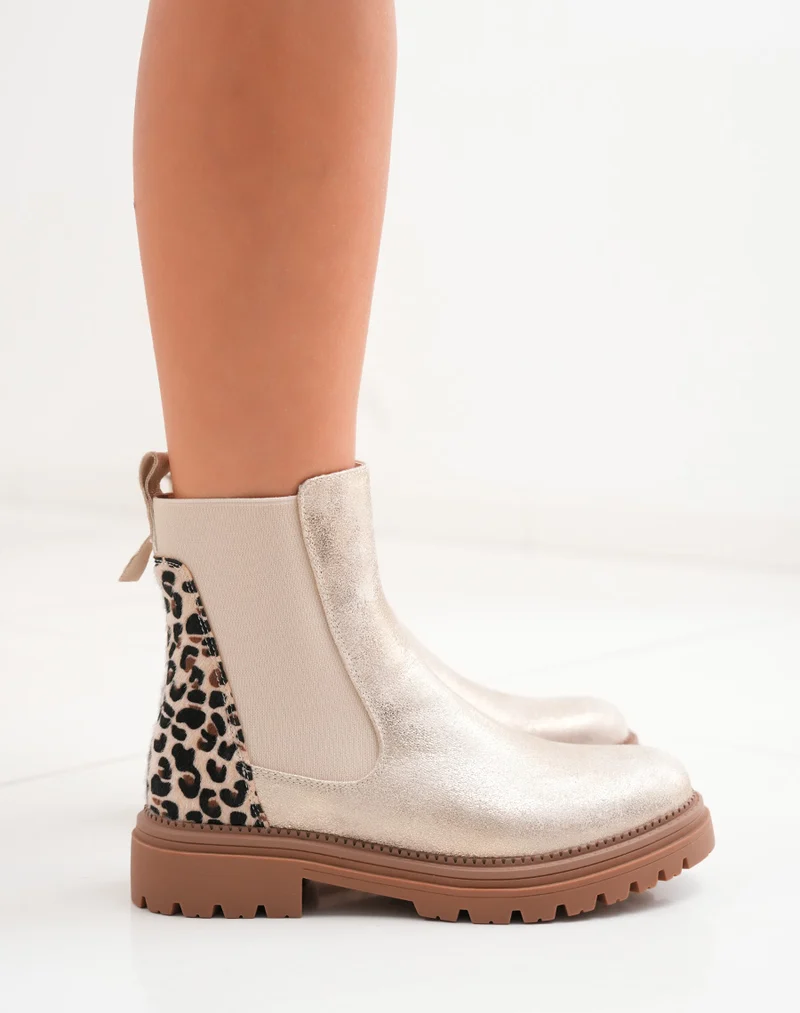 Bottines femme dorées avec empiècement léopard et semelle crantée