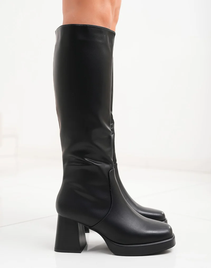 Bottes femme noires à talon épais et bout carré avec plateforme