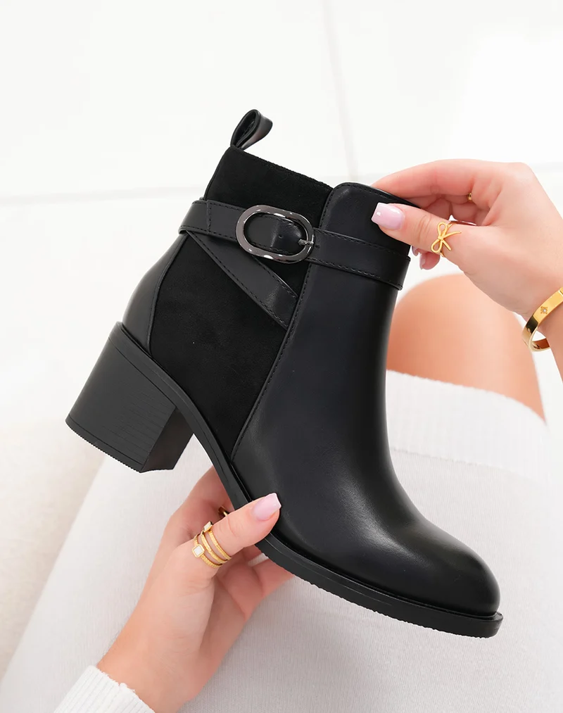 Bottines femme noires bi-matières à talon carré et boucle anthracite