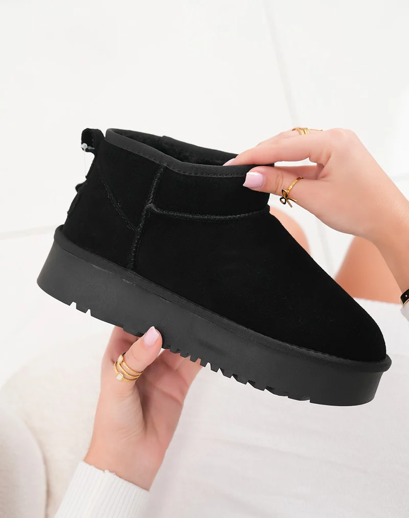 Bottines femme basses en cuir noir fourrées avec plateforme