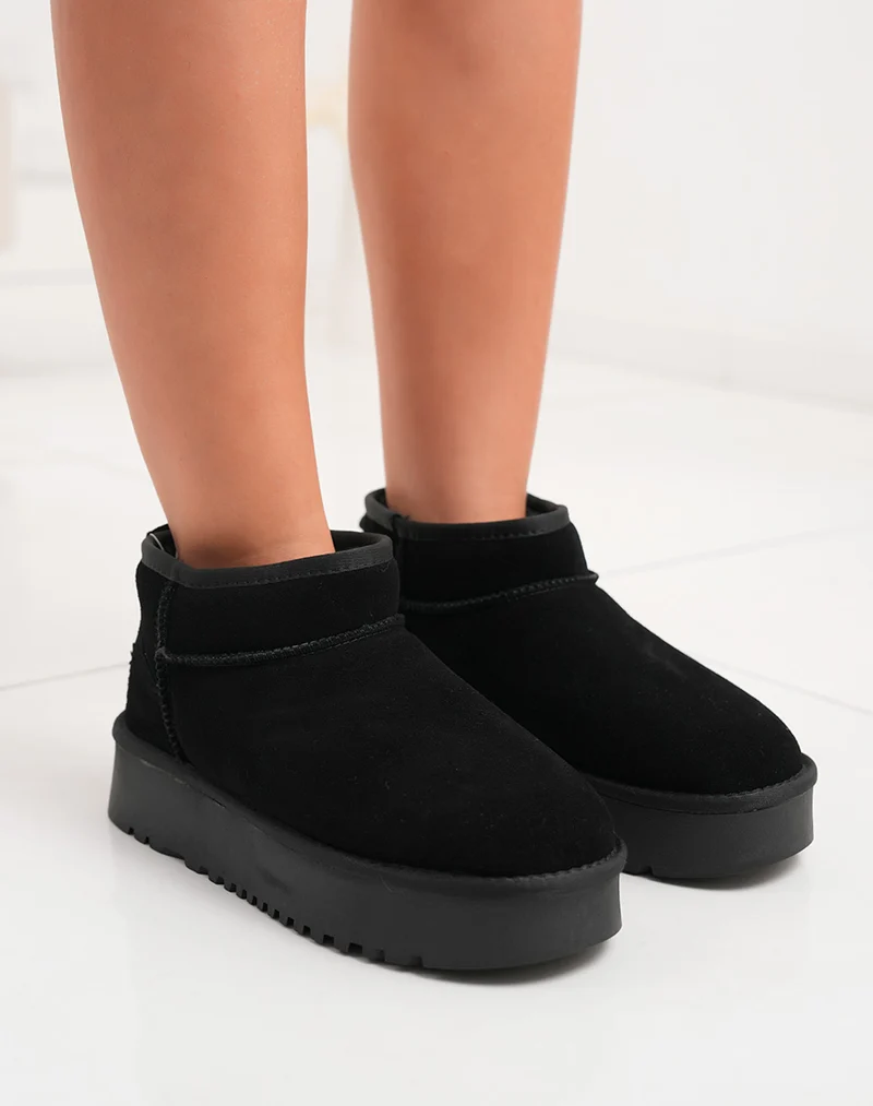 Bottines femme basses en cuir noir fourrées avec plateforme