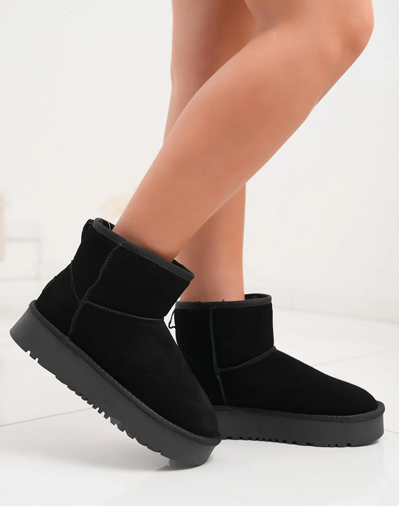 Bottines femme mi-hautes en cuir noir fourrées avec plateforme