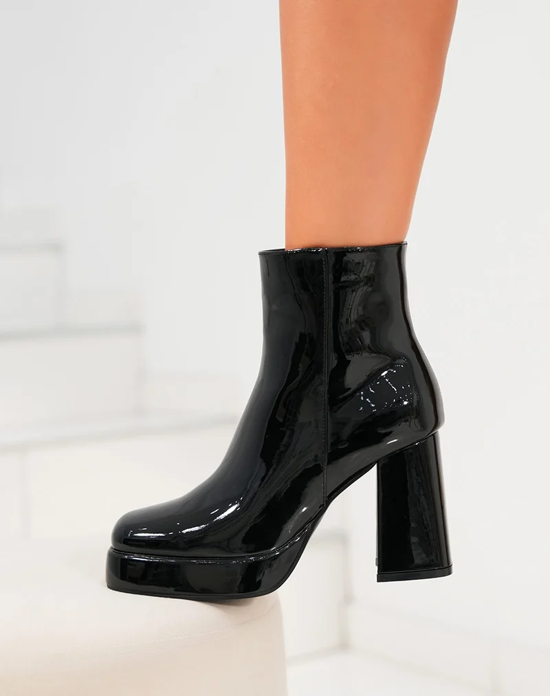 Bottines femme noires vernies avec talon haut et plateforme épaisse