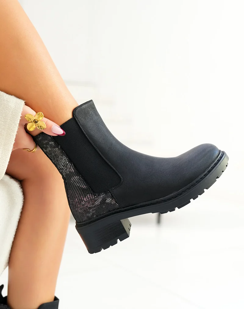 Bottines femme noires bi-matière avec effet crocodile et élastique