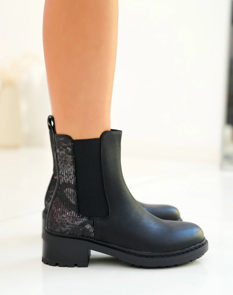 Bottines femme noires bi-matière avec effet crocodile et élastique