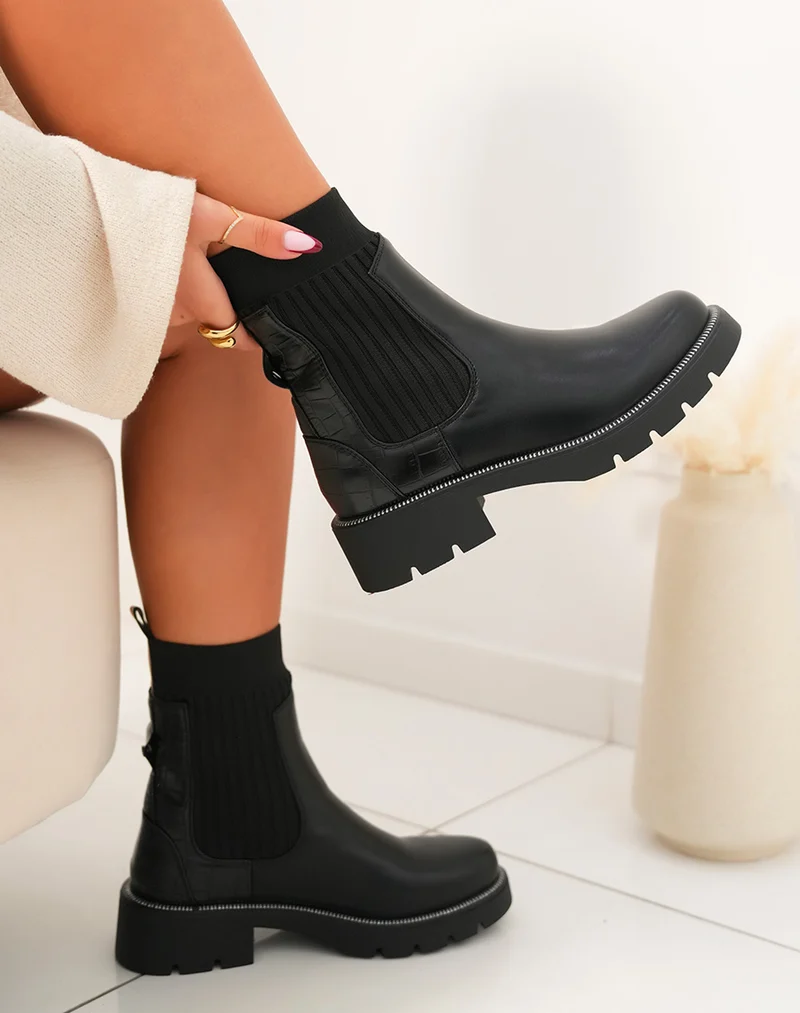 Bottines noires bi-matière à effet croco et chaussette latérale
