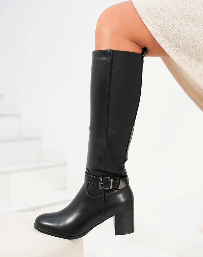 Bottes femme noires avec talon épais moyen et élastique sur la tige
